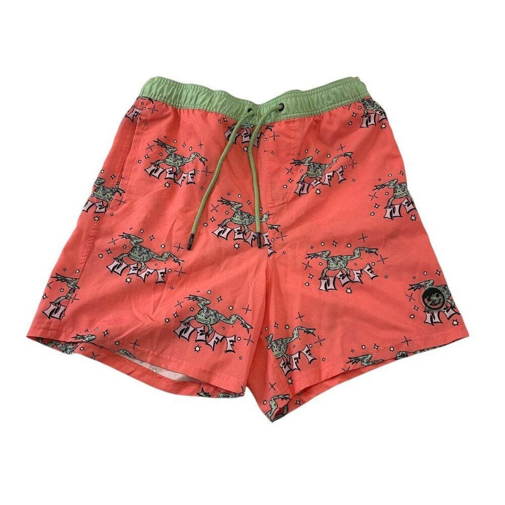 Neff Frog Swim Trunks Mens L Coral Green Graphic Elastic Waist Boardshorts